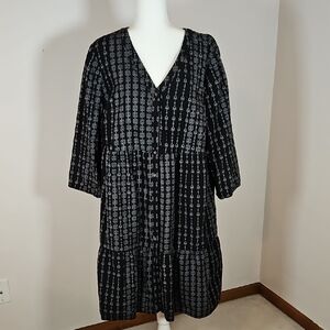 Pure Jill Elements XL Tall Midi Shirt Dress Tiered Ikat Print Cottage Boho
